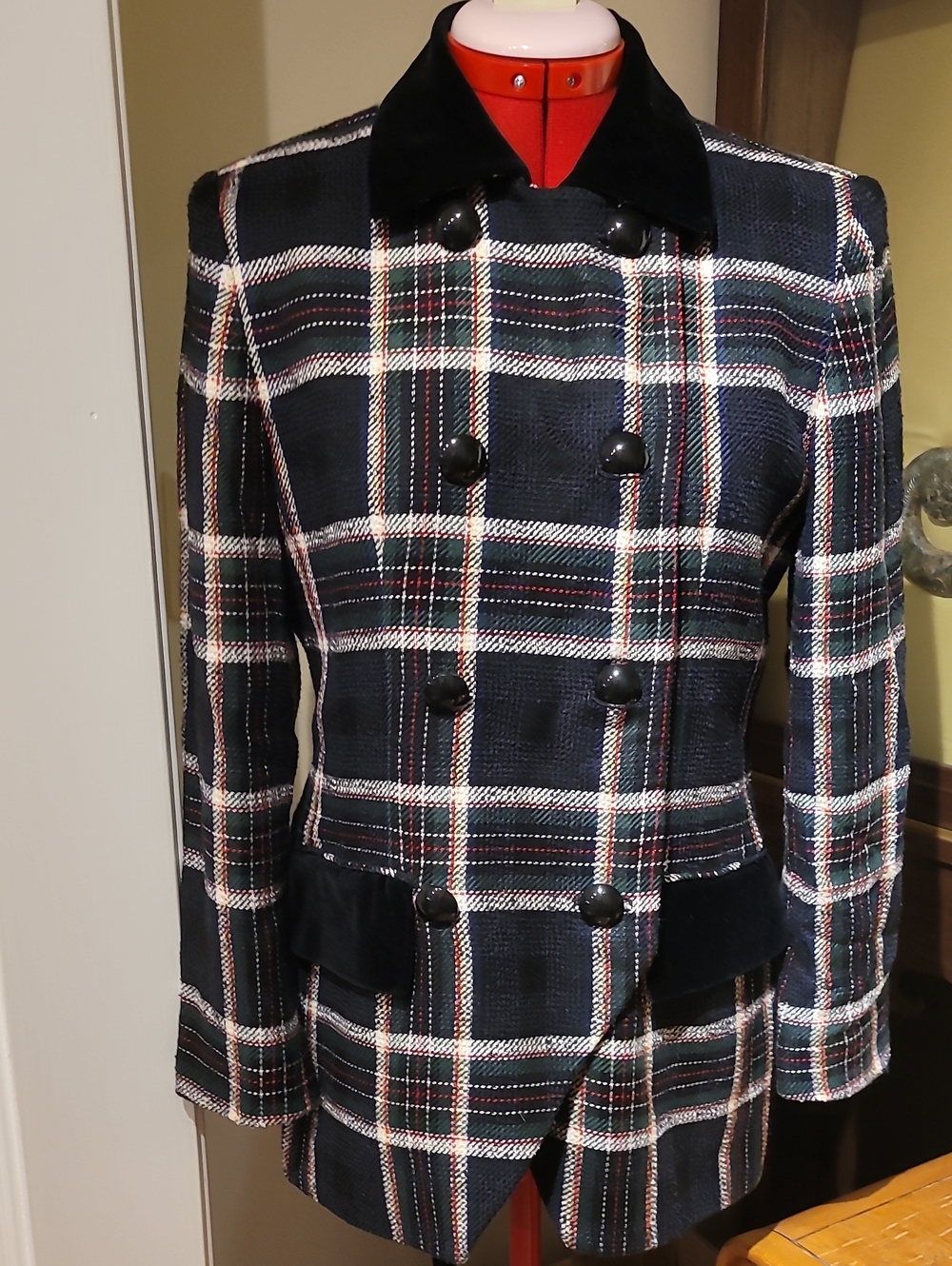 Women's Black Plaid Double-Breasted Pea Coat